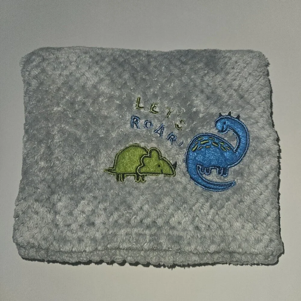 Zak & Zoey Let's Roar Dinosaur Baby Blanket RN 150856 Gray Fleece Waffle Weave